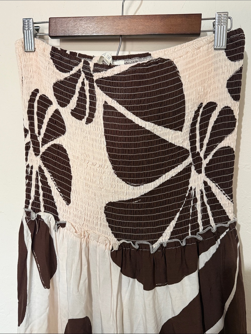 Smocked Strapless Maxi Dress in White with Brown Floral Print - Picture 4 of 5
